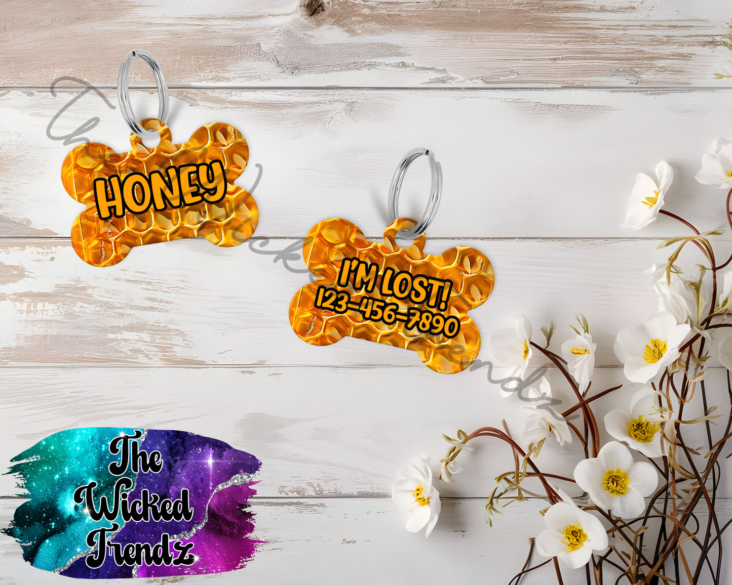 Honey Honeybee Honeycomb Cute Puppy Pet ID Dog Tag Personalized Custom Dog Name Phone Number