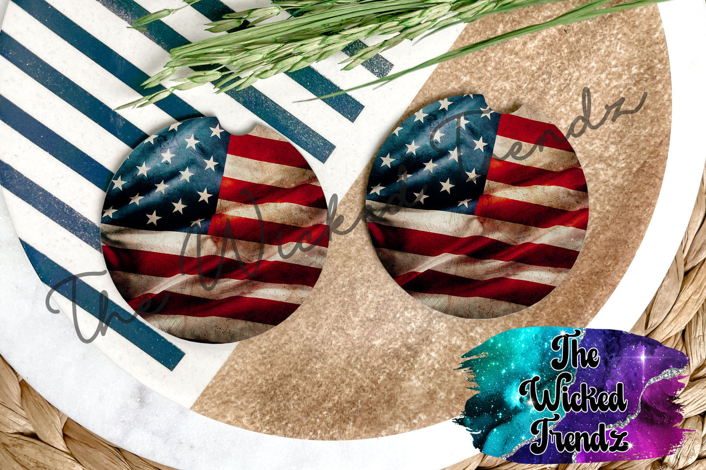 Waving American Flag America Red White Blue Car Coaster Coasters Cup Holder Car Accessories