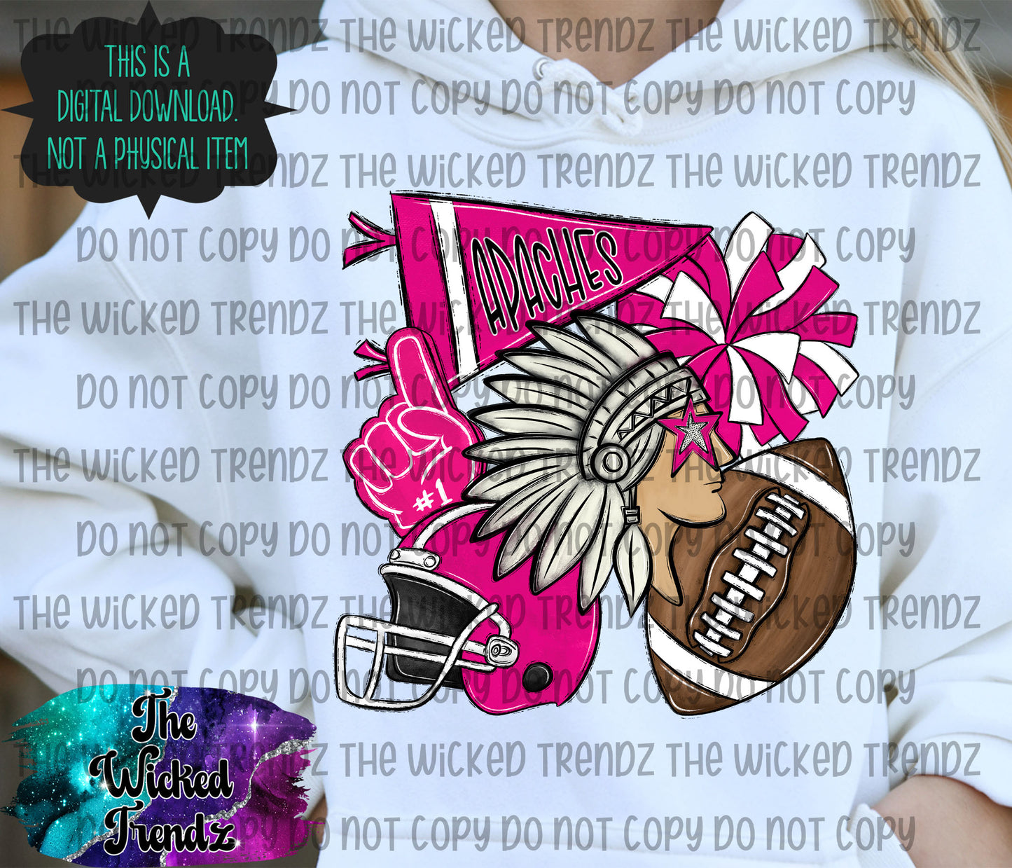 A digital graphic design preview featuring a pink and white pennant, a black-and-white football helmet, a brown football, and a Native American headdress with a pink star.