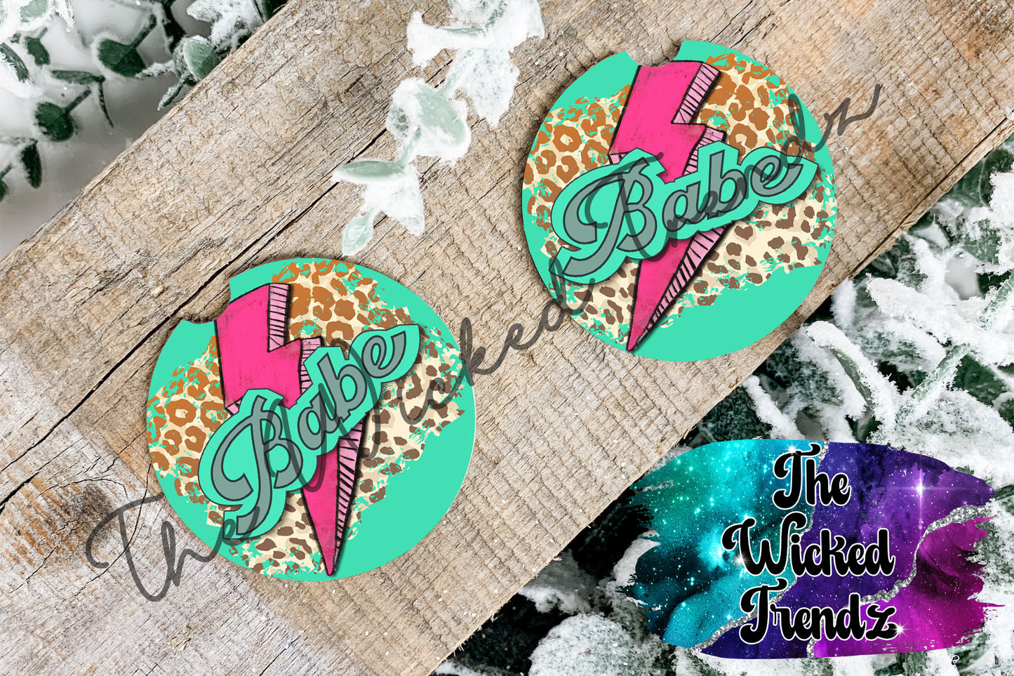 Babe Teal Pink Lightning Bolt Leopard Print Car Coaster Coasters Cup Holder Car Accessories