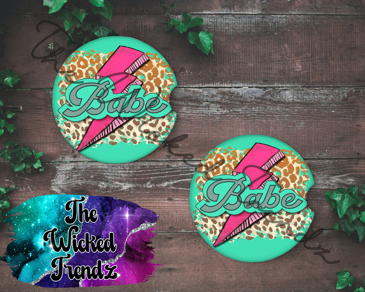 Babe Teal Pink Lightning Bolt Leopard Print Car Coaster Coasters Cup Holder Car Accessories