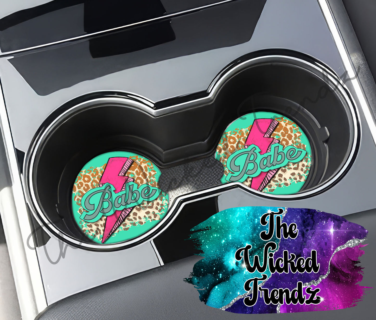 Babe Teal Pink Lightning Bolt Leopard Print Car Coaster Coasters Cup Holder Car Accessories