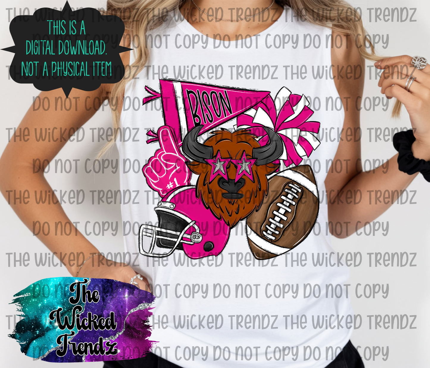 Bison Pink Out Football Cheer Mascot Digital Design October Awareness