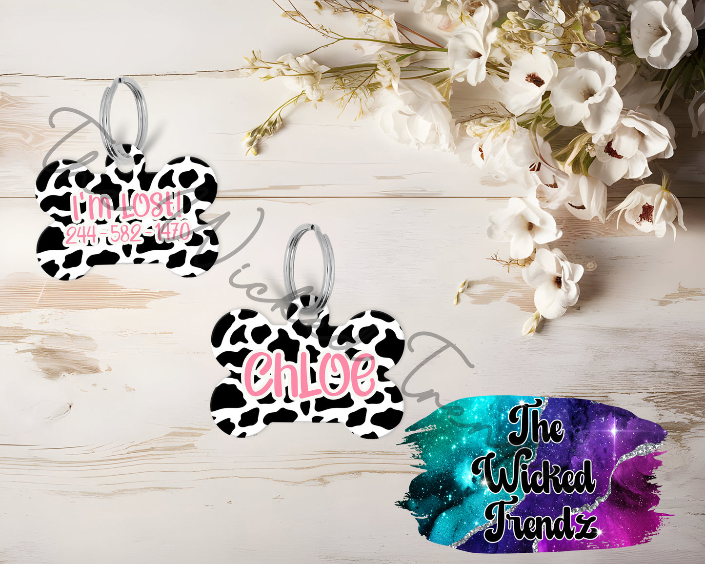 Cow Print Pattern Brown Black Pink Pet ID Dog Tag Personalized Custom Dog Name Phone Number