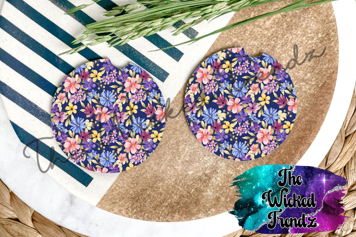 Purple Blue Wildflowers Floral Flowers Car Coaster Coasters Cup Holder Car Accessories