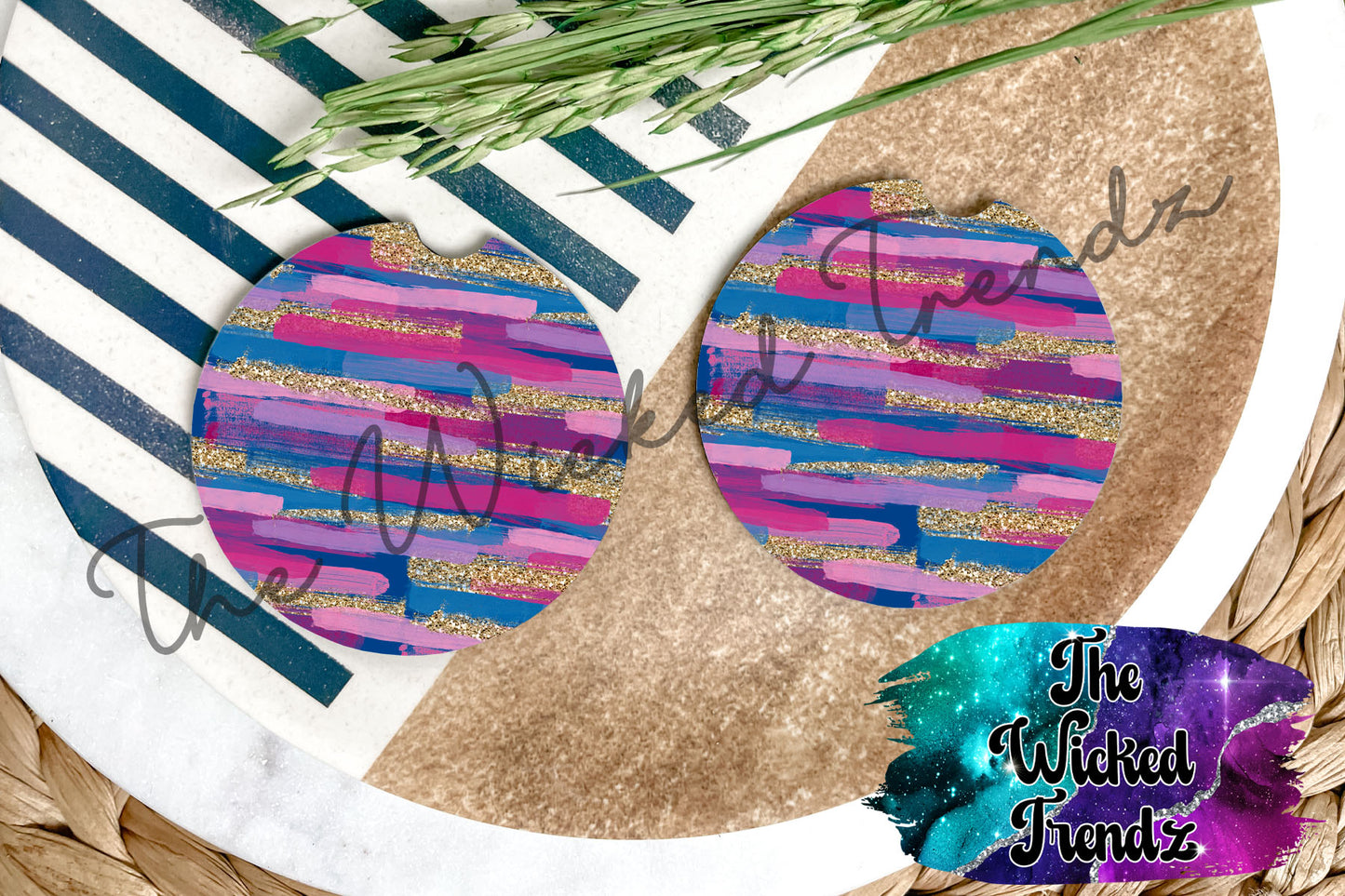 Pink and Purple Brushstroke Abstract Car Coaster Coasters Cup Holder Car Accessories