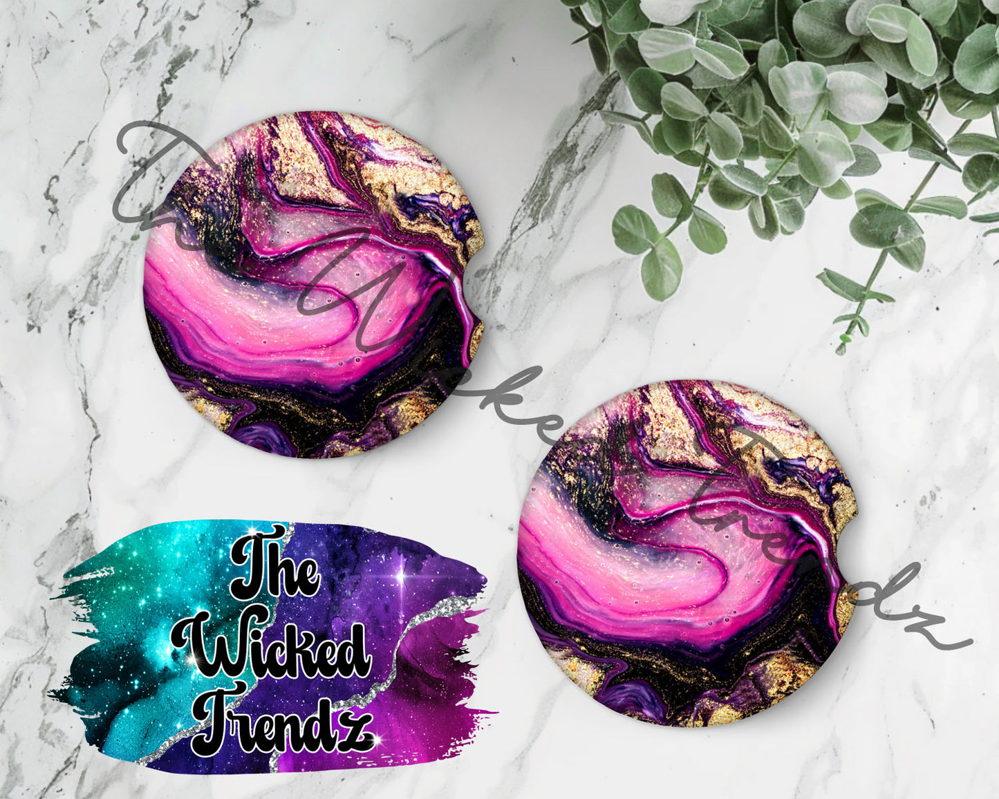 Purple Pink and Gold Marble Geode Agate Car Coaster Coasters Cup Holder Car Accessories
