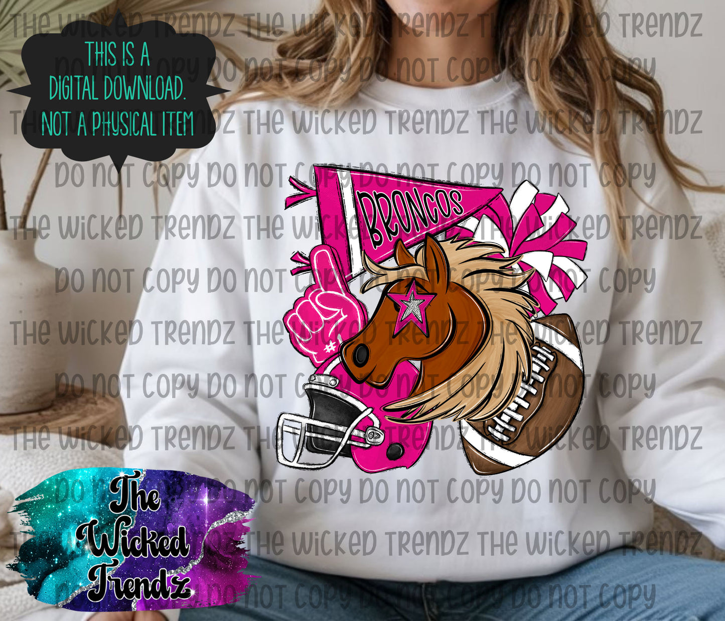 Broncos Pink Out Football Cheer Mascot Digital Design October Awareness