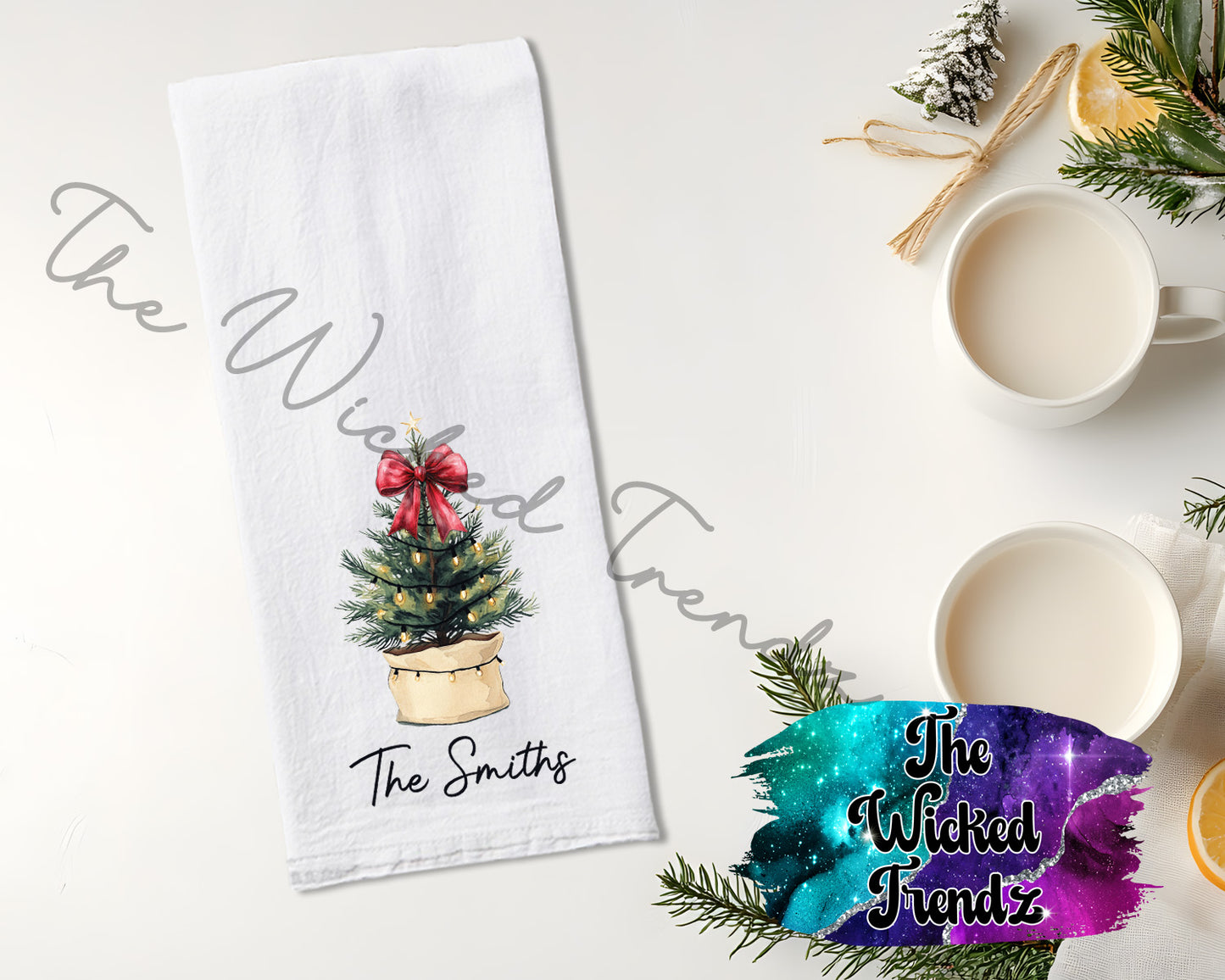 Christmas Tree Burlap Bow Personalized Family Name Christmas Decor Kitchen Tea Towel Flour Sack