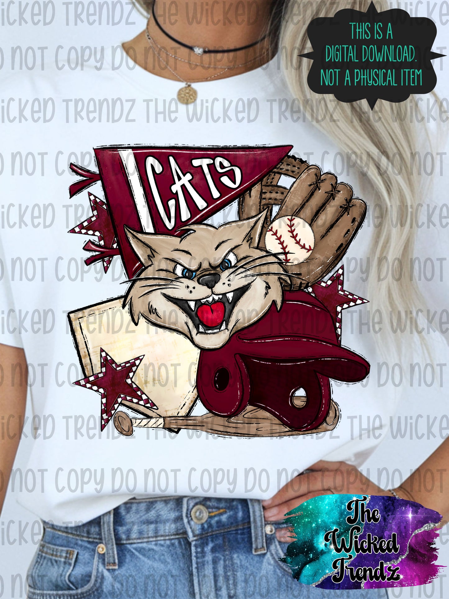 Cats Maroon Baseball Team Mascot Digital Design