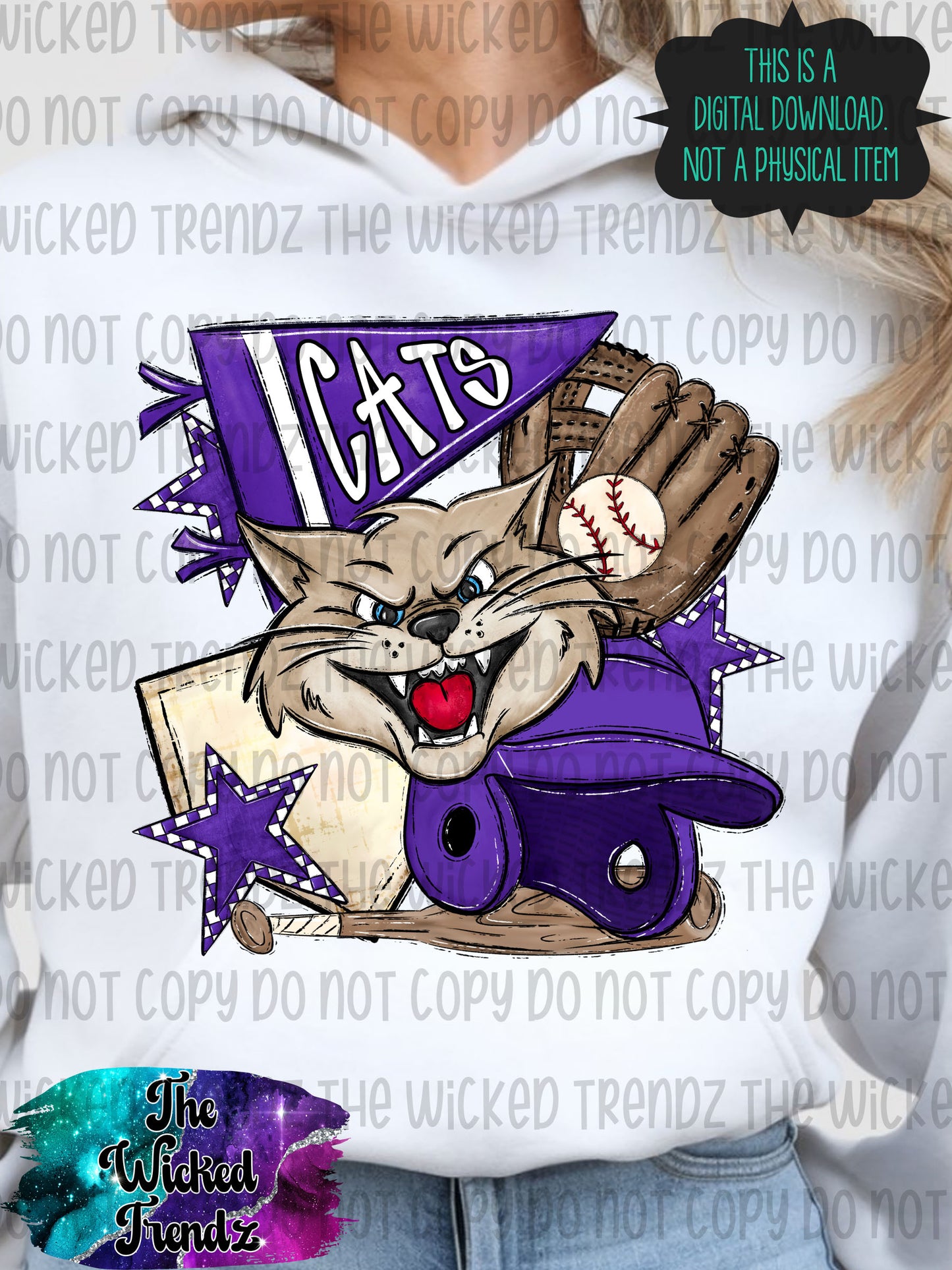Cats Purple Baseball Team Mascot Digital Design