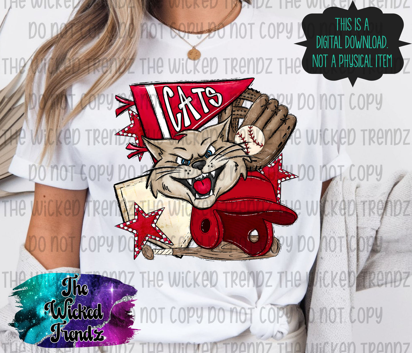 Cats Red Baseball Team Mascot Digital Design