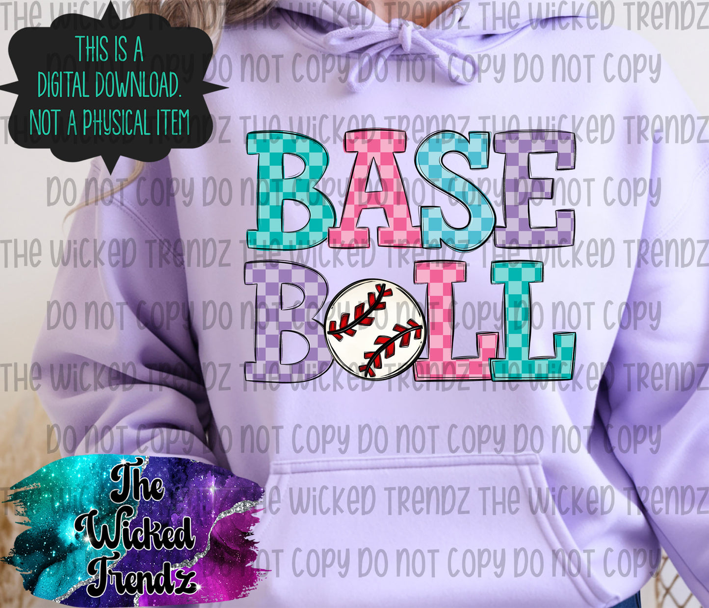Pink Purple Teal Blue Checkered Baseball Team Digital Design