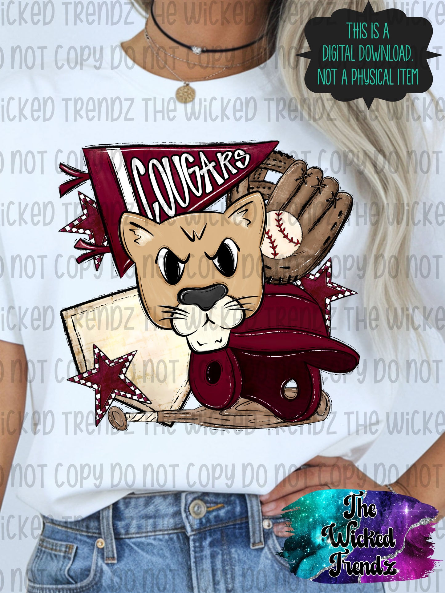 Cougars Maroon Baseball Team Mascot Digital Design