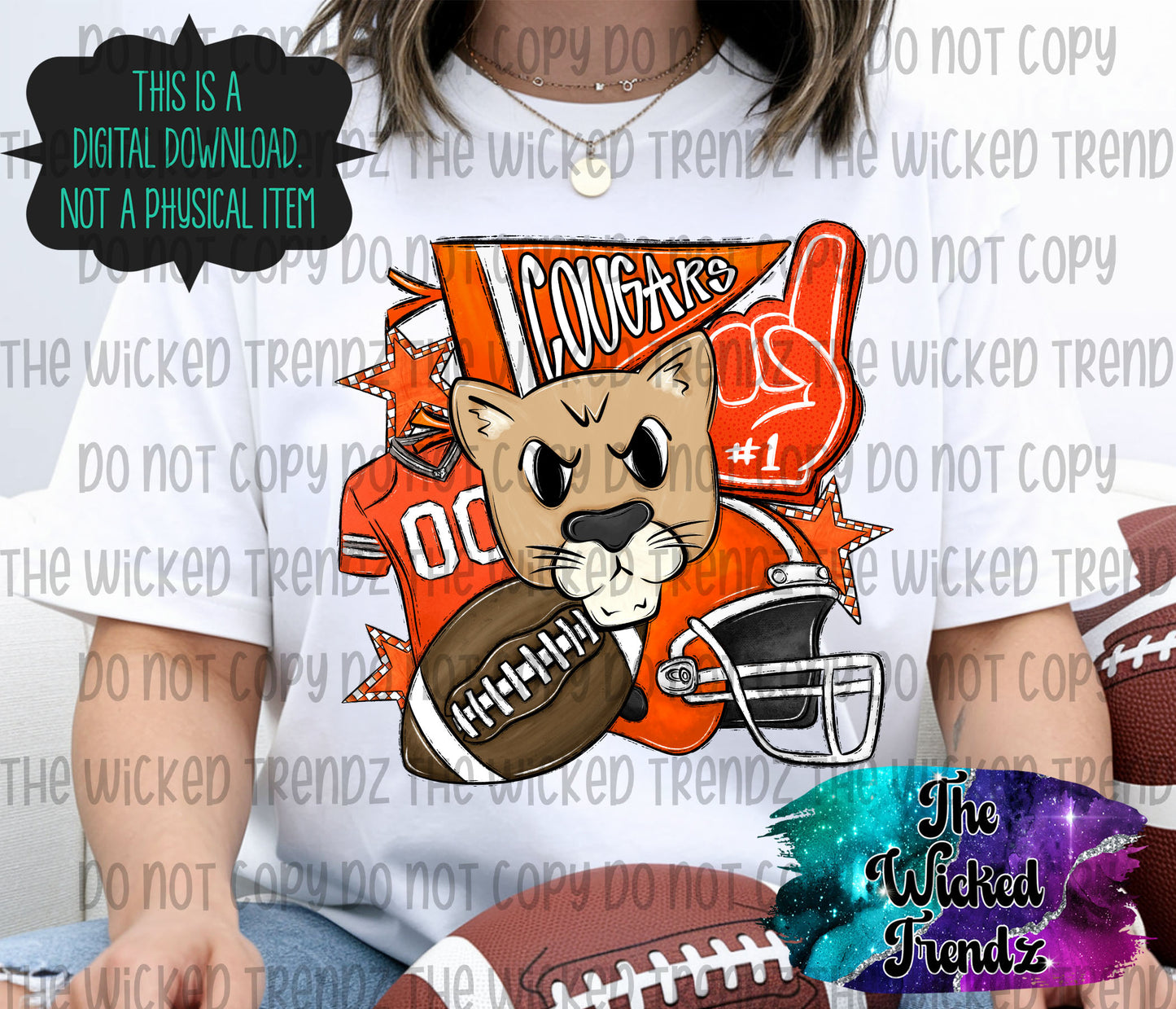 Orange Cougars Football Mascot Digital Design