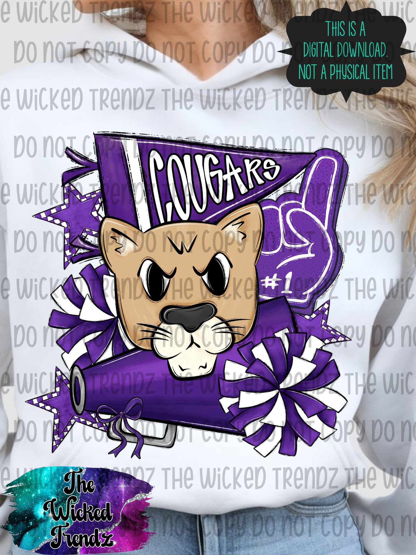 Cougars Purple Cheer Cheerleading Cheerleader Mascot Digital Design Spirit Shirt Design