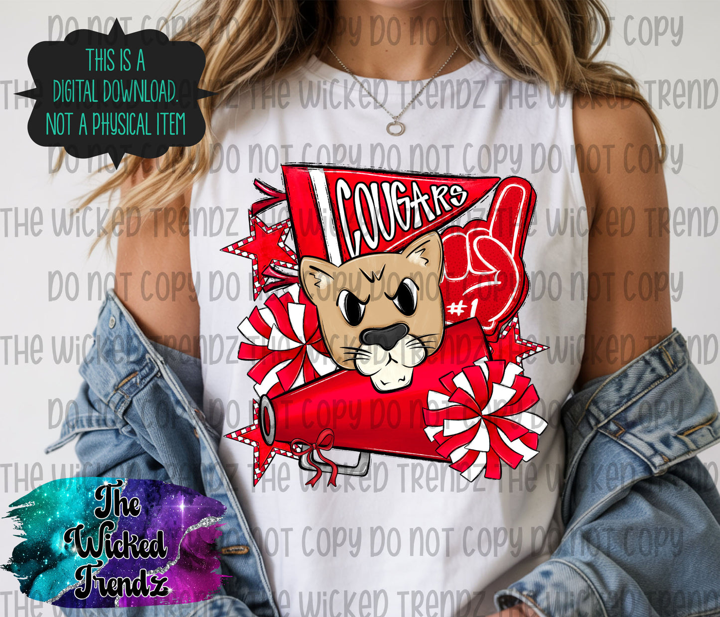 Cougars Red Cheer Cheerleading Cheerleader Mascot Digital Design Spirit Shirt Design