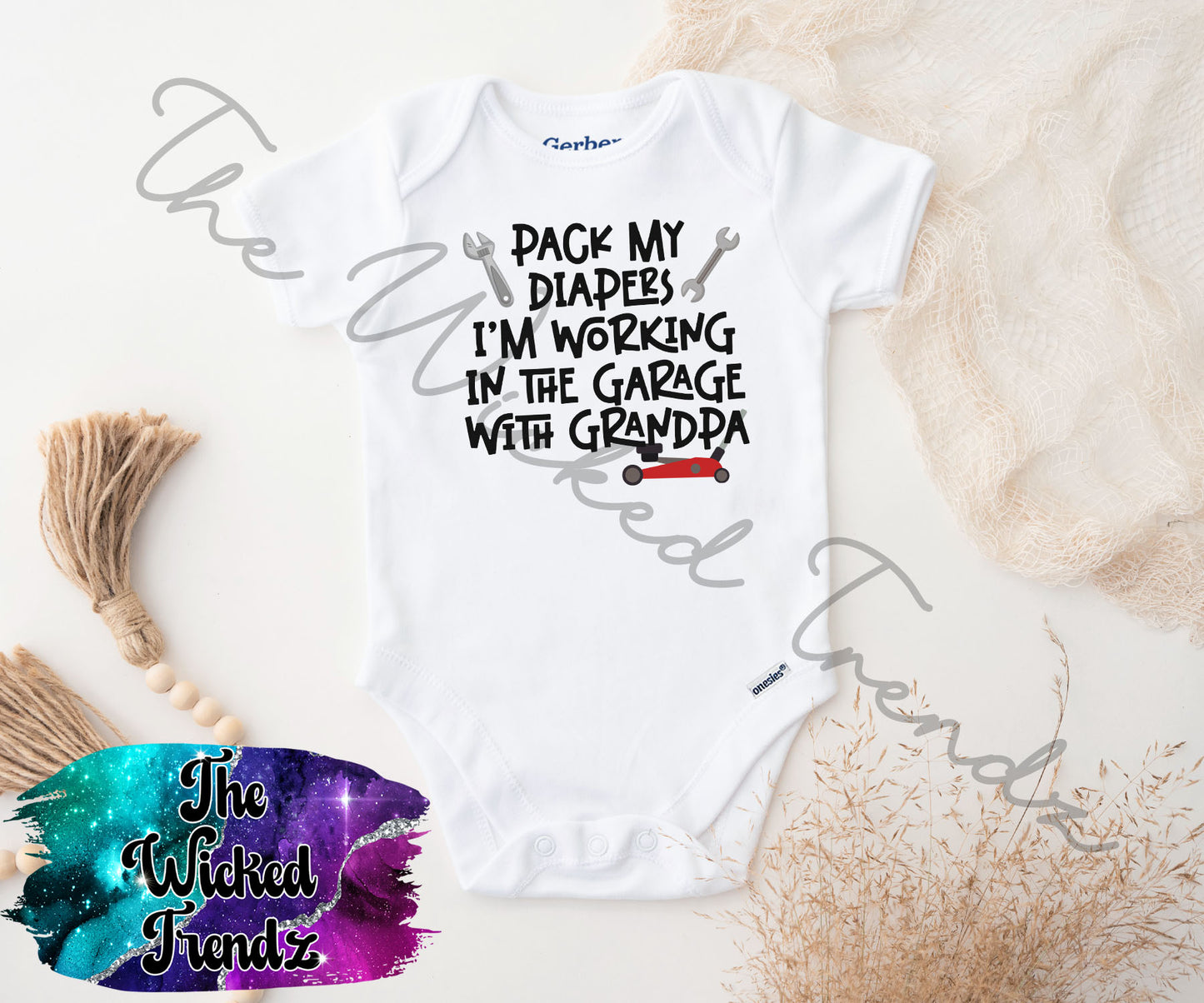 Baby Onesie© Pack My Diapers I'm Working In The Garage With Grandpa Mechanic Shop