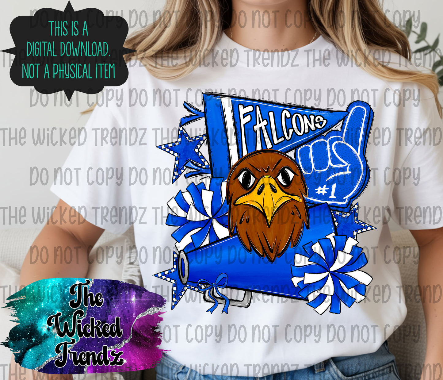 Falcons Blue Cheer Cheerleading Cheerleader Mascot Digital Design Spirit Shirt Design