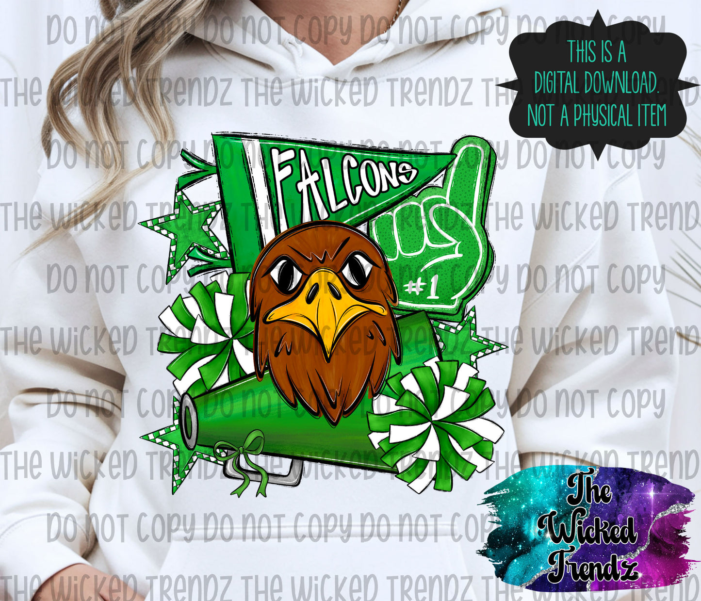 Falcons Green Cheer Cheerleading Cheerleader Mascot Digital Design Spirit Shirt Design