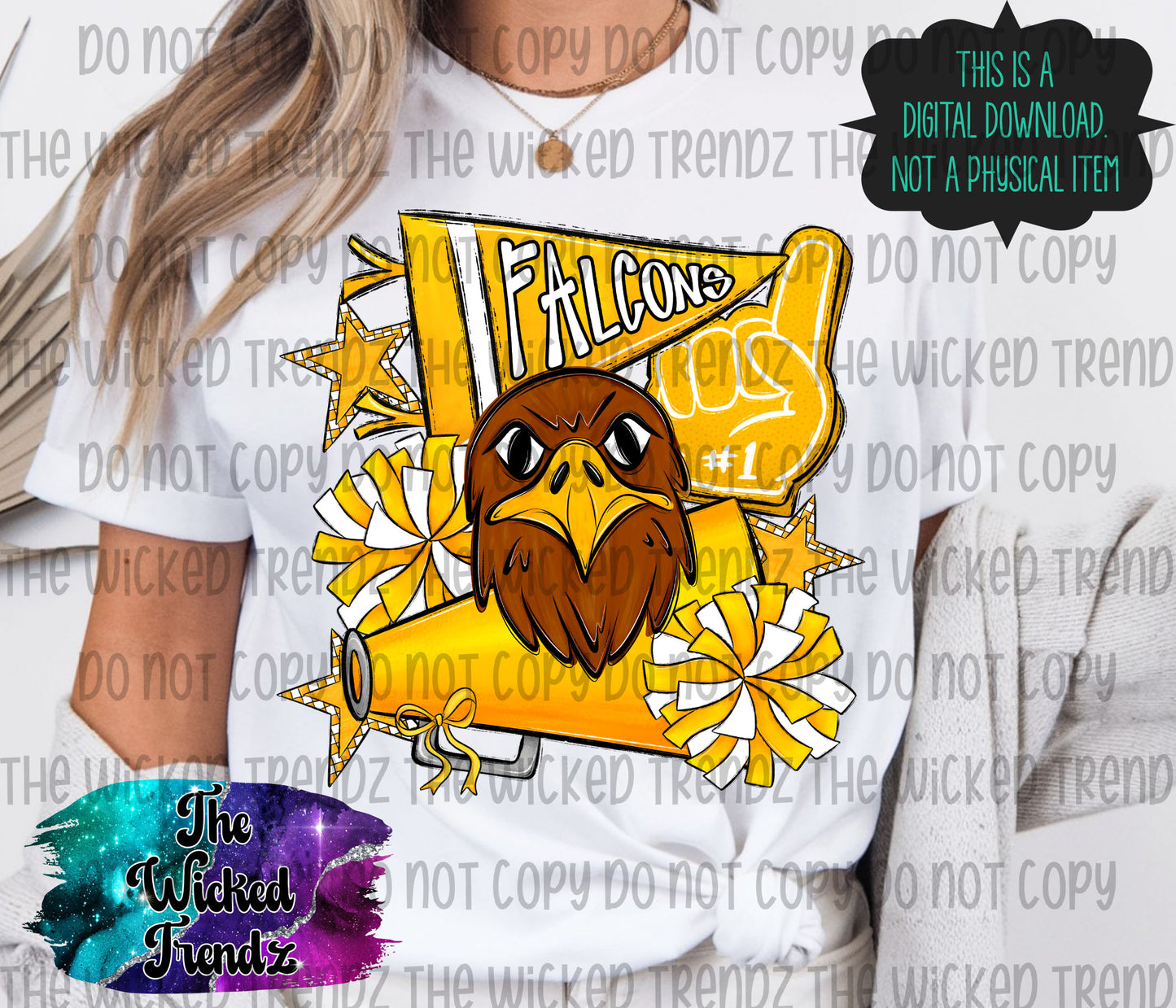 Falcons Yellow Cheer Cheerleading Cheerleader Mascot Digital Design Spirit Shirt Design