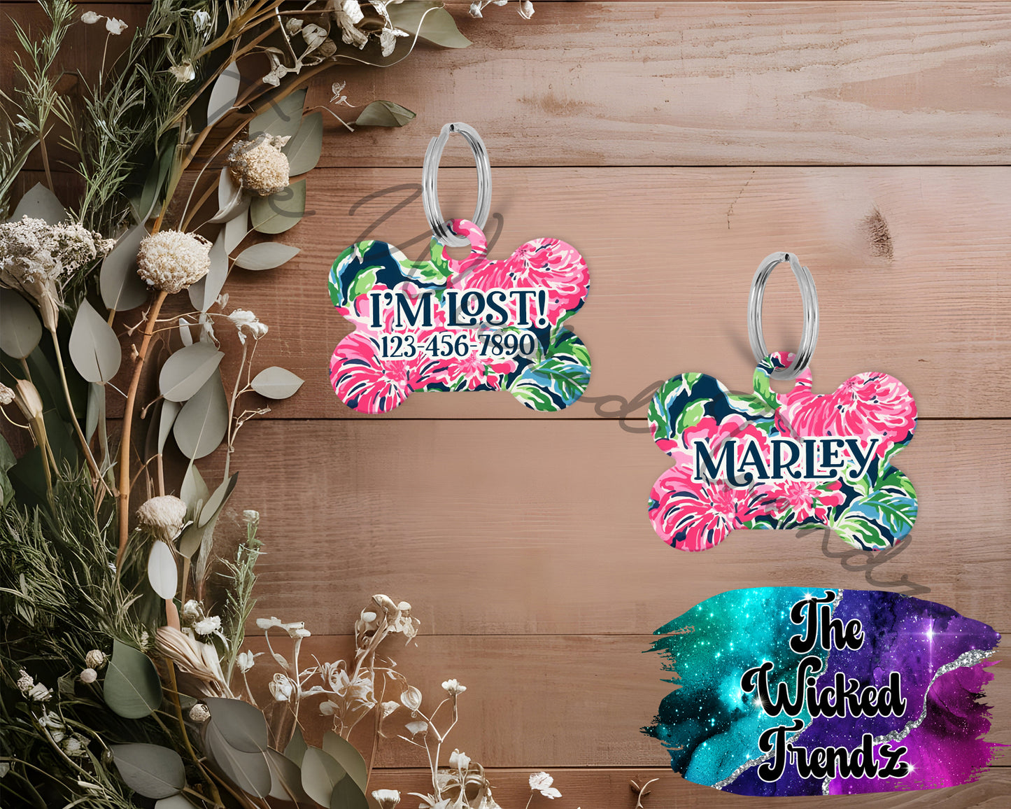 Tropical Flowers Floral New Puppy Pet ID Dog Tag Personalized Custom Dog Name Phone Number