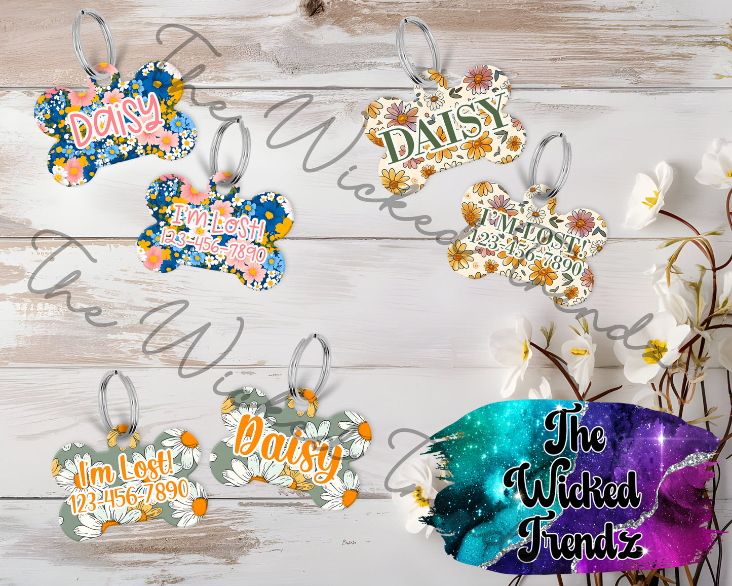 Wildflower Floral Flowers Daisy New Puppy Pet ID Dog Tag Personalized Custom Dog Name Phone Number