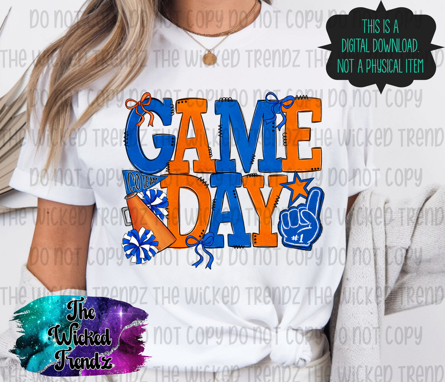 Game Day Blue and Orange Cheer Cheerleading Digital Design Spirit Shirt Design