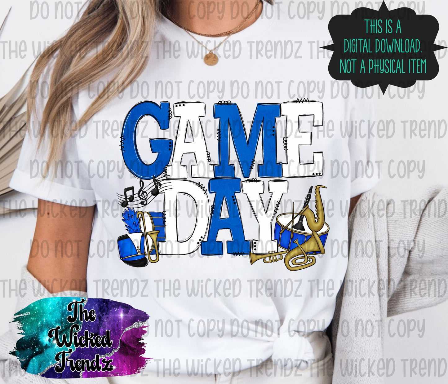 Game Day Marching Band Blue and White School Colors Digital Design