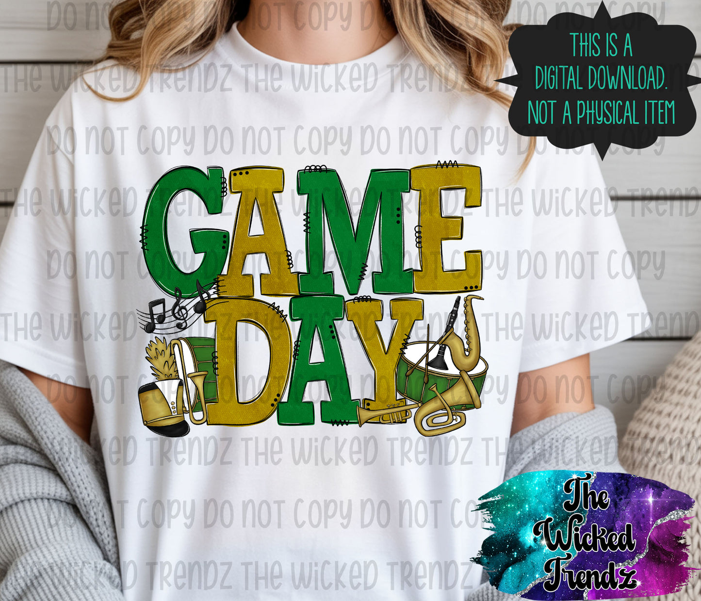 Game Day Marching Band Hunter Dark Green and Gold School Colors Digital Design