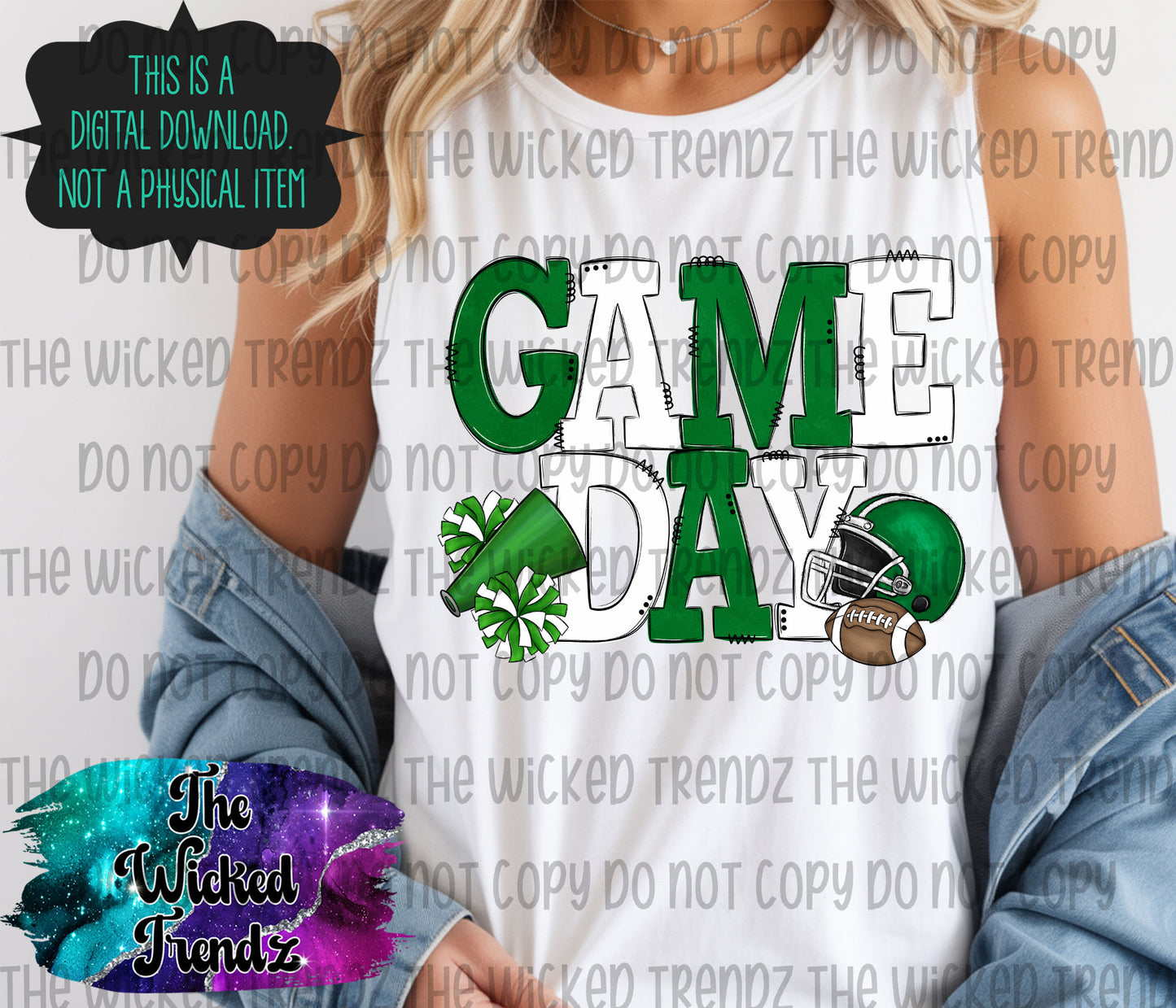Game Day Dark Green and White Football Cheer Team Digital Design