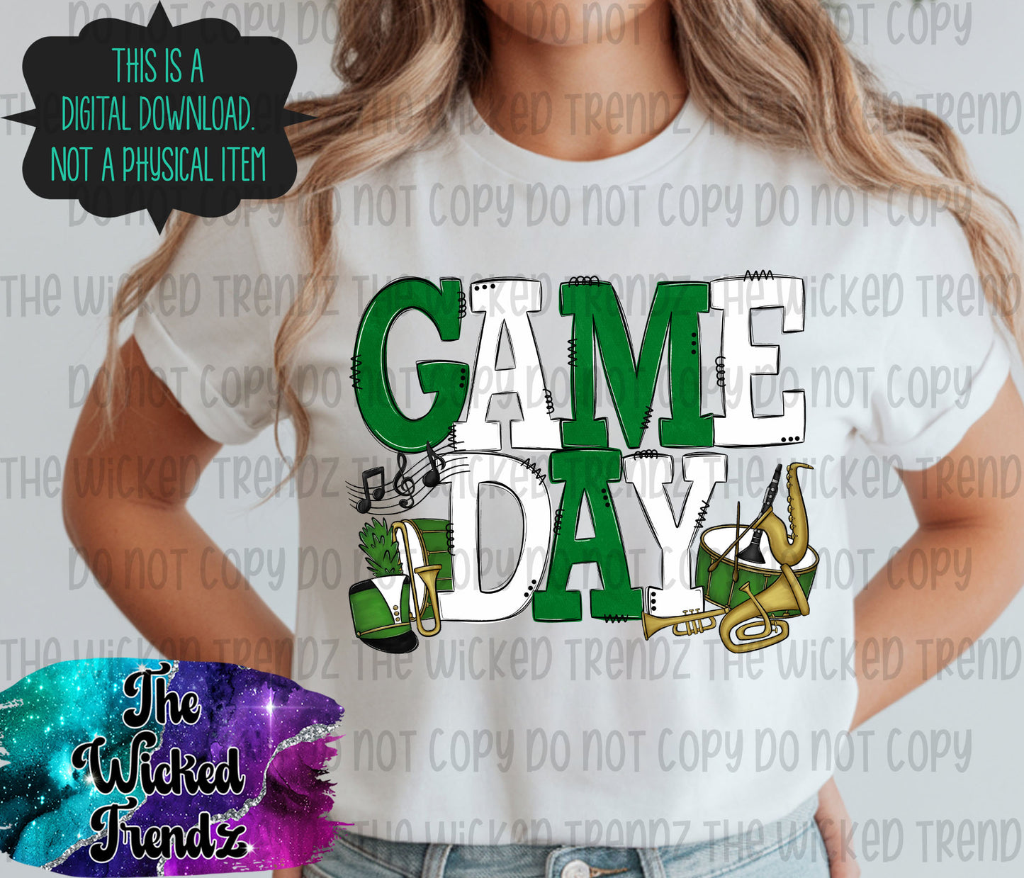 Game Day Marching Band Hunter Dark Green and White School Colors Digital Design