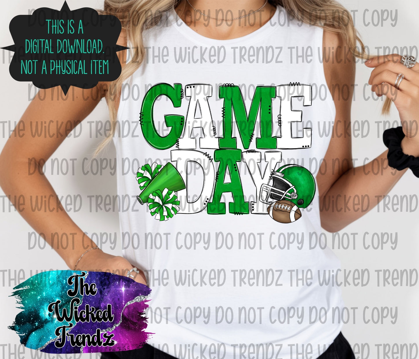 Game Day Bright Green and White Football Cheer Team Digital Design