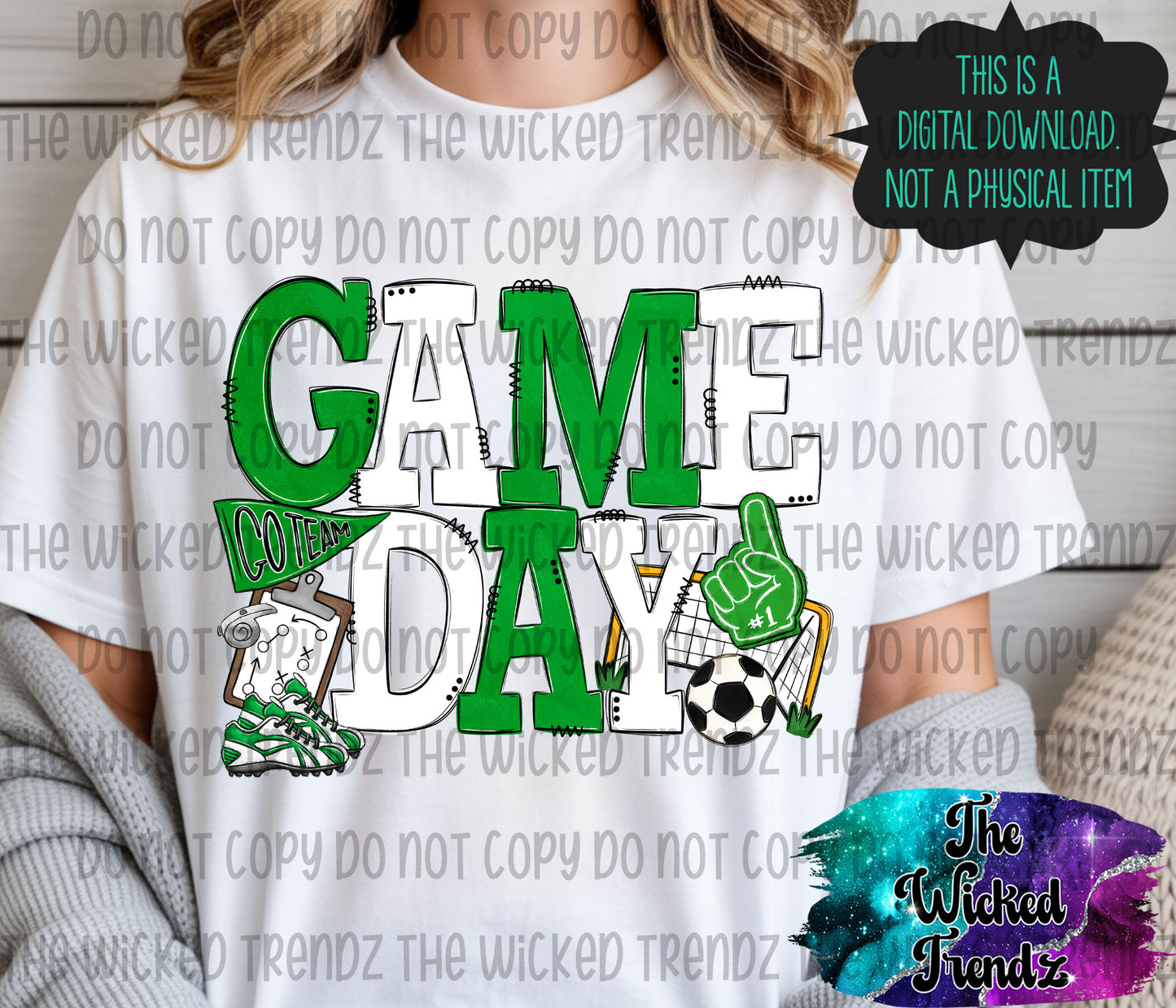 Game Day Soccer Team Green and White Colors Mascot Digital Design