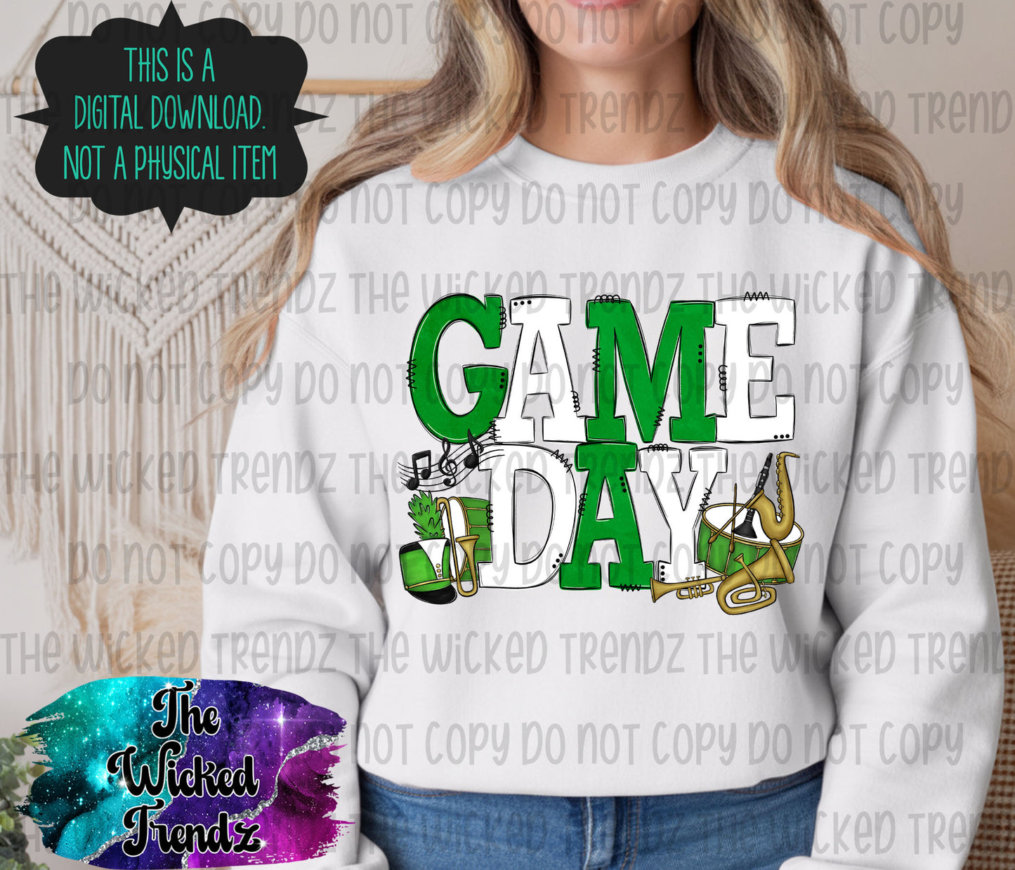 Game Day Marching Band Green and White School Colors Digital Design
