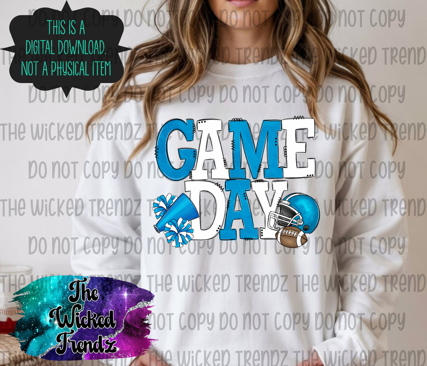 Game Day Bright Light Blue and White Football Cheer Team Digital Design
