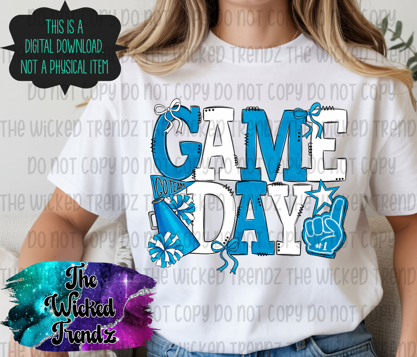 Game Day Light Blue and White Cheer Cheerleading Digital Design Spirit Shirt Design
