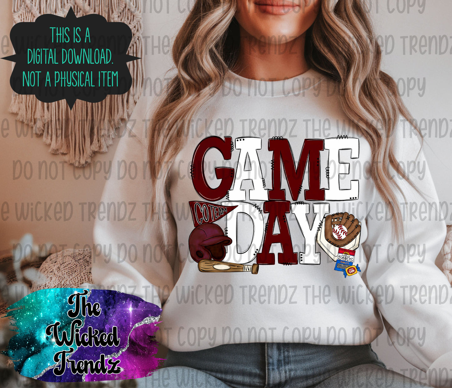 Game Day Maroon and White Baseball Team Digital Design