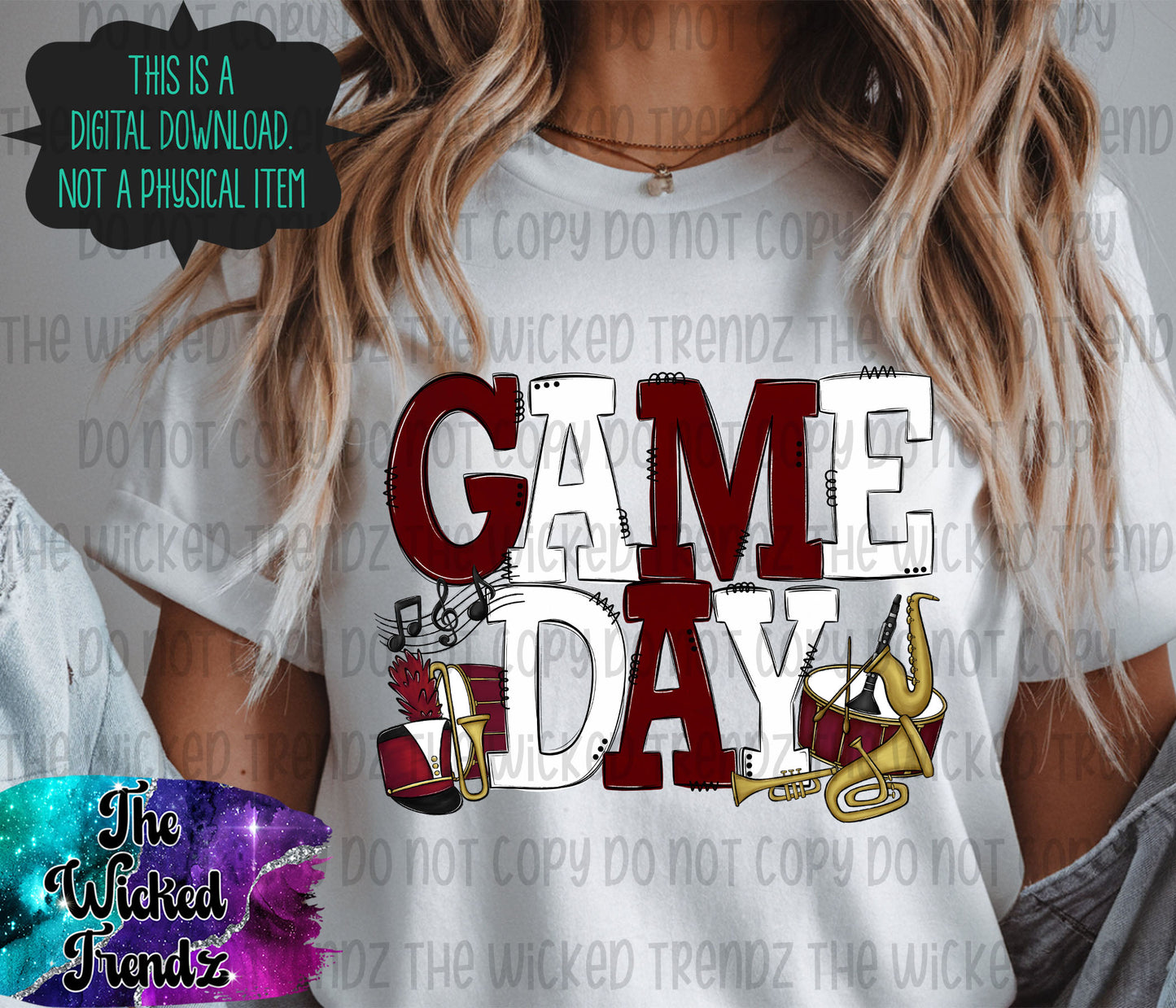 Game Day Marching Band Maroon and White School Colors Digital Design