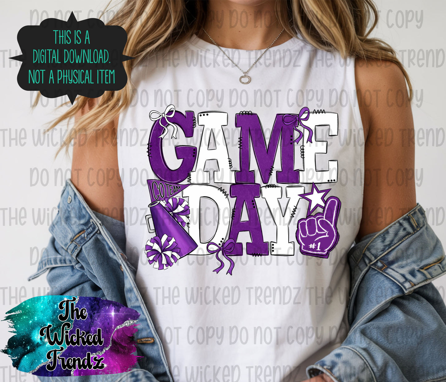 Game Day Purple and White Cheer Cheerleading Digital Design Spirit Shirt Design