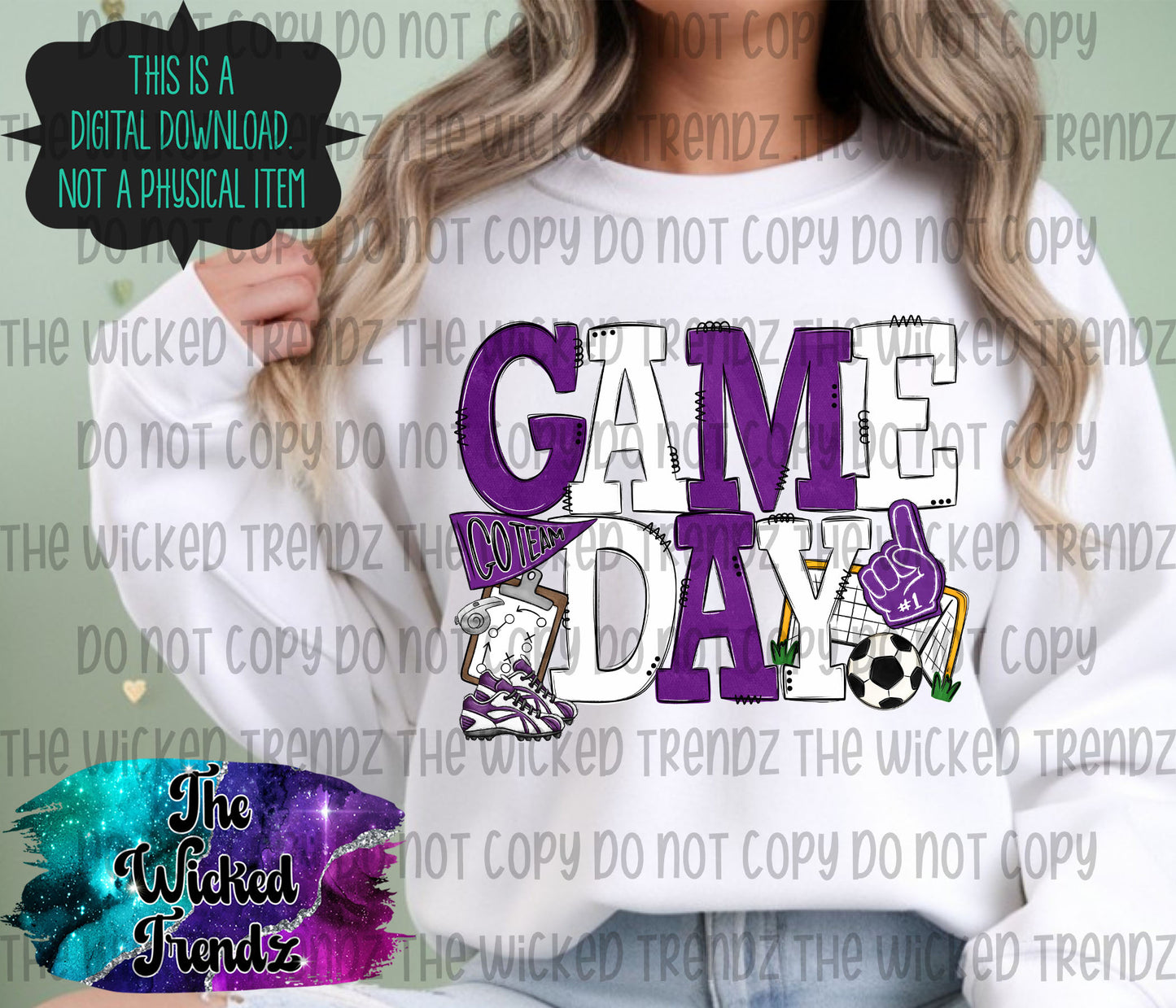 Game Day Soccer Team Purple and White Colors Mascot Digital Design