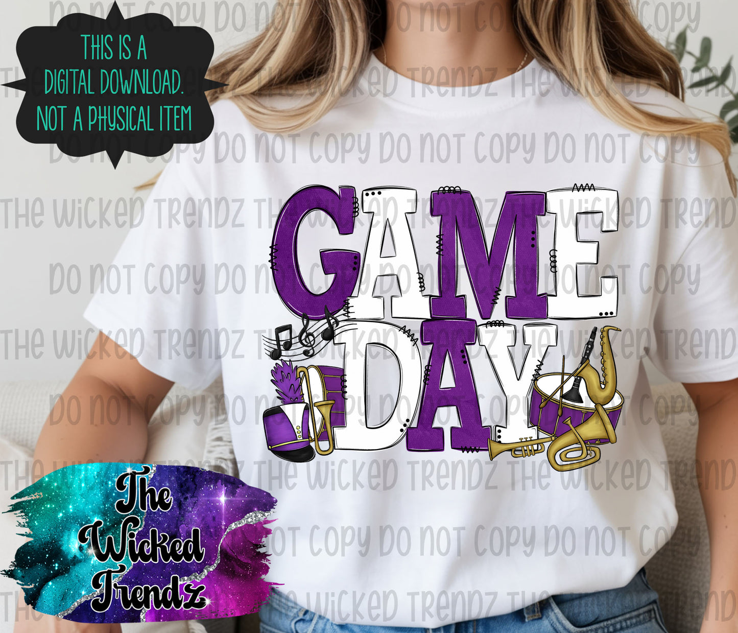 Game Day Marching Band Purple and White School Colors Digital Design