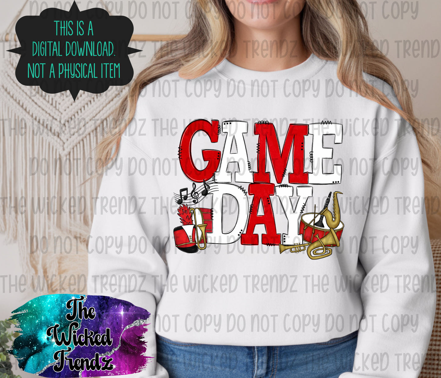 Game Day Marching Band Red and White School Colors Digital Design