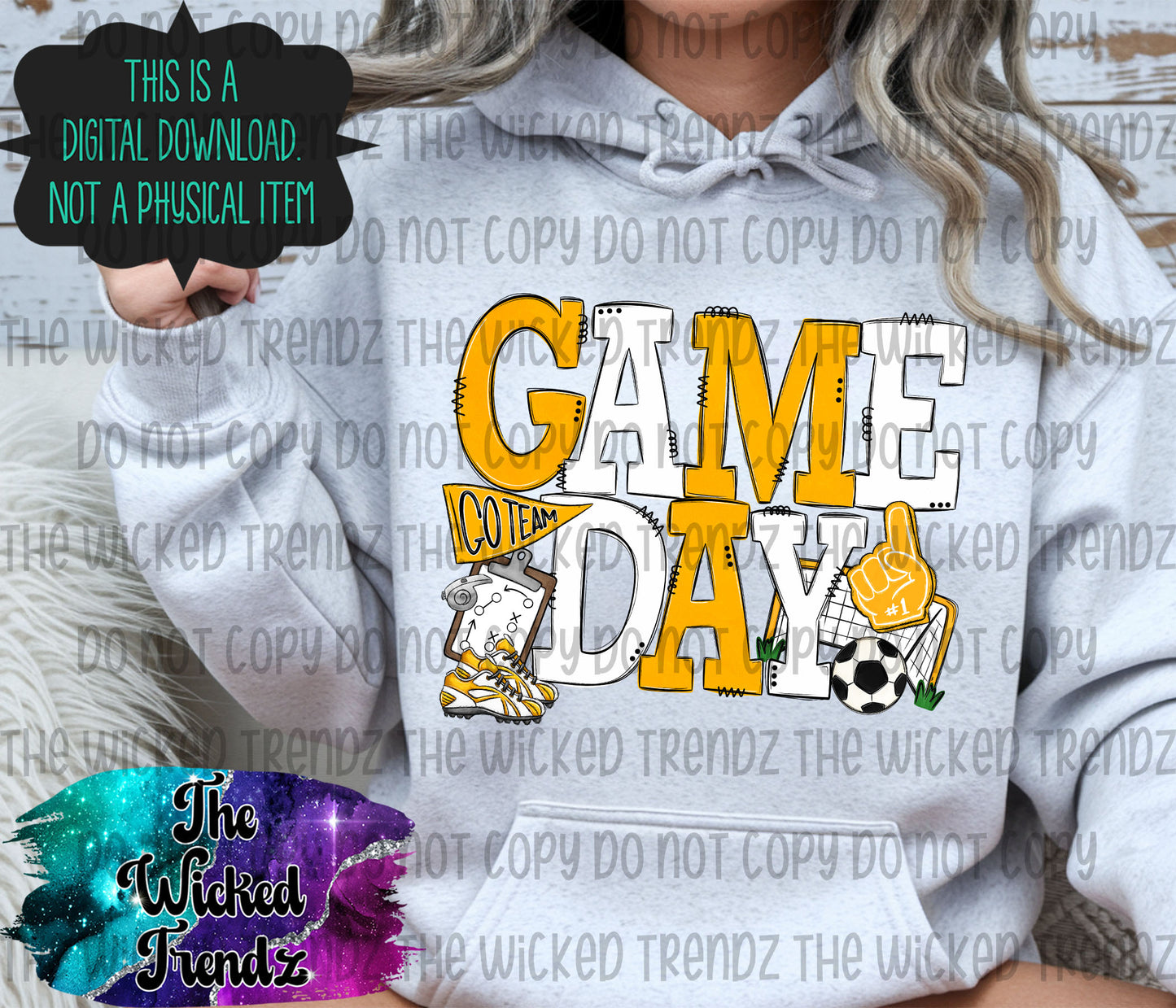 Game Day Soccer Team Yellow and White Colors Mascot Digital Design