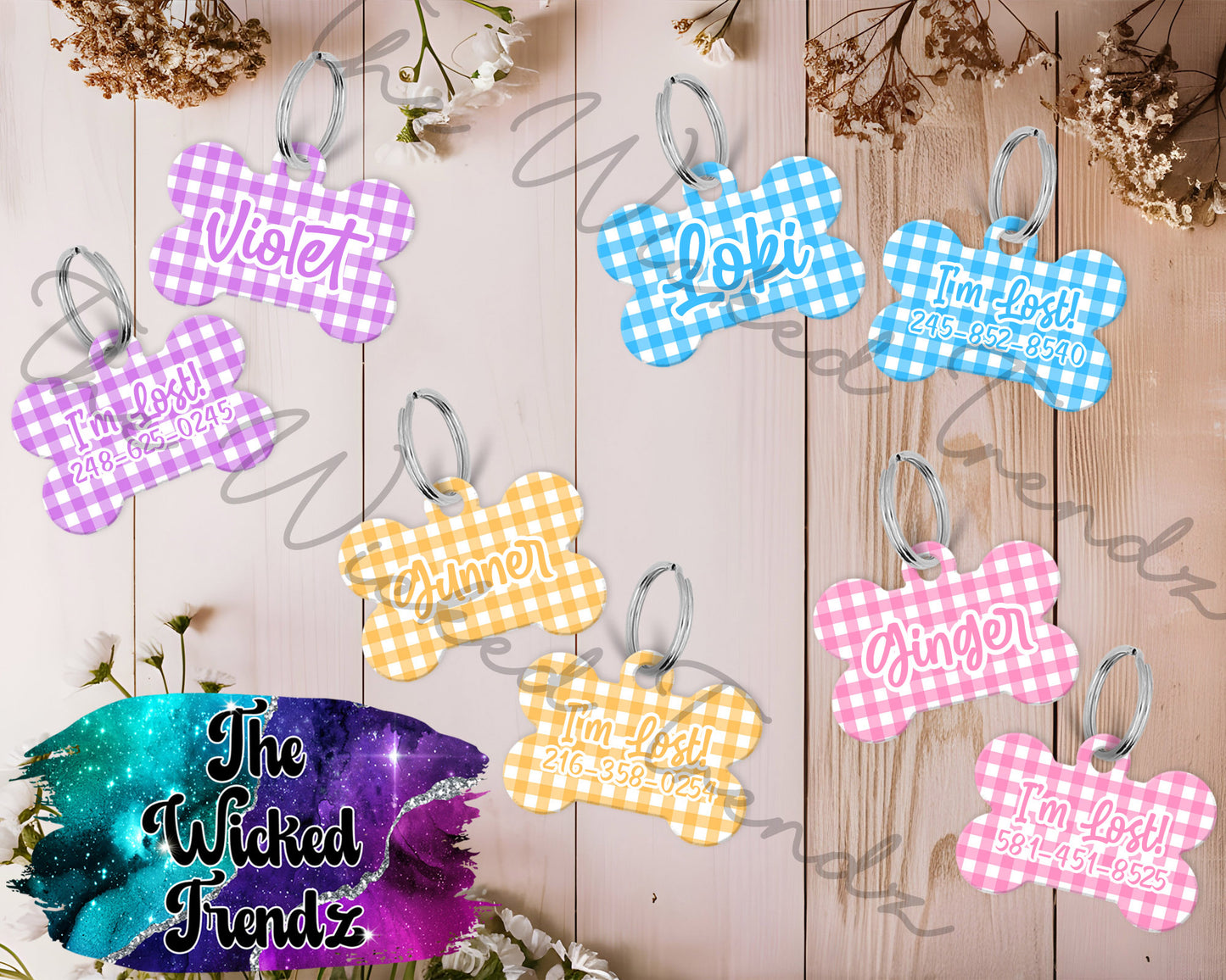 Gingham Pattern Plaid New Puppy Pet ID Dog Tag Personalized Custom Dog Name Phone Number