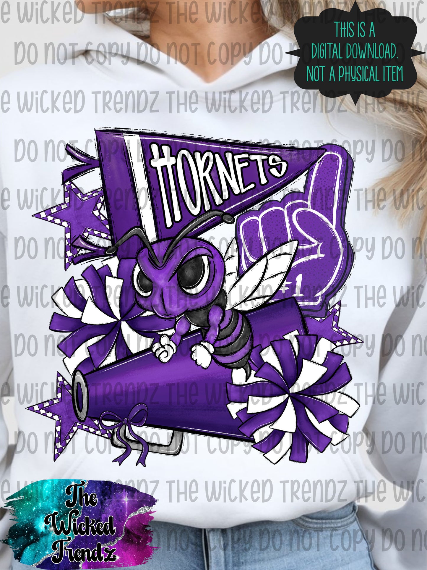 Hornets Purple Cheer Cheerleading Cheerleader Mascot Digital Design Spirit Shirt Design