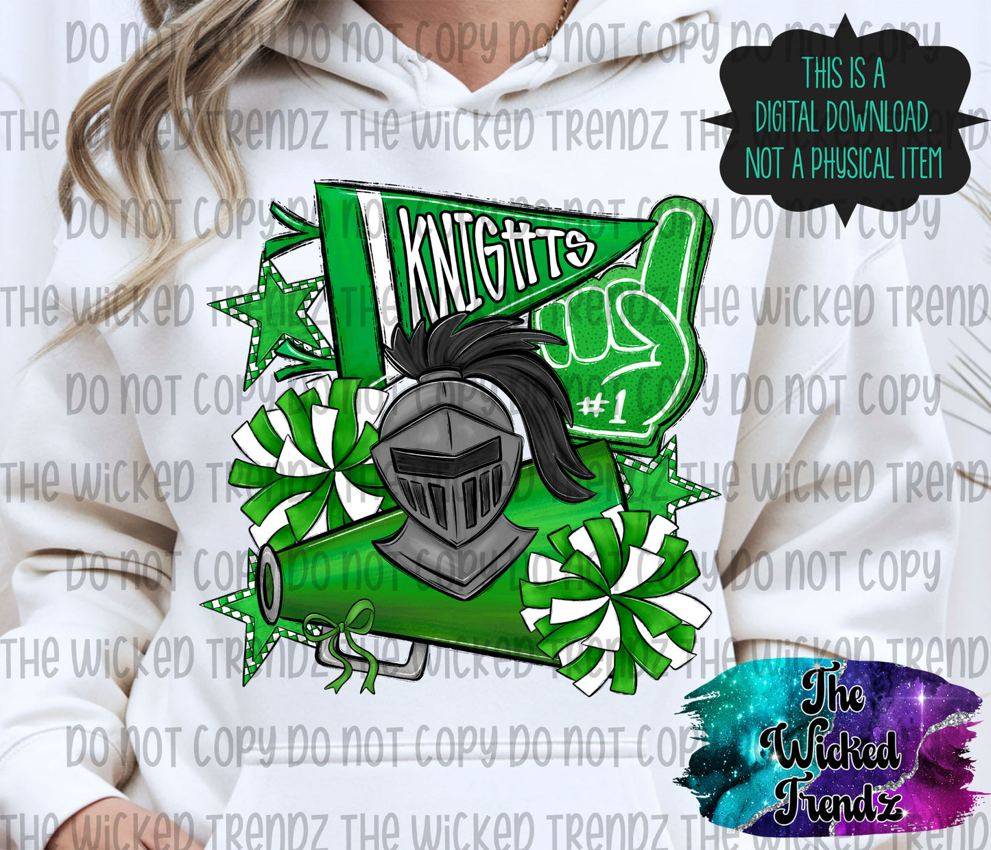 Knights Green Cheer Cheerleading Cheerleader Mascot Digital Design Spirit Shirt Design