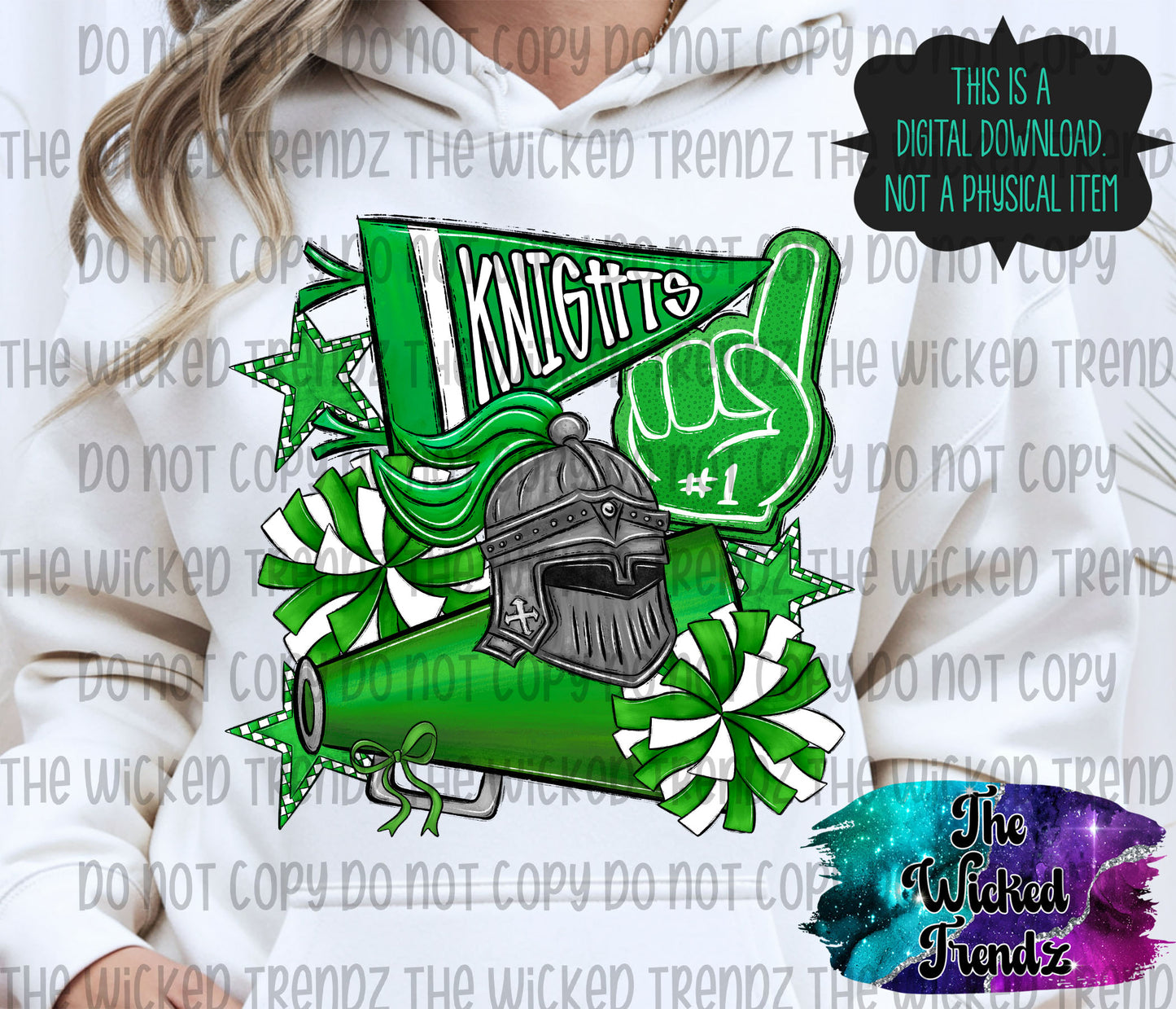 Knights Green Cheer Cheerleading Cheerleader Mascot Digital Design Spirit Shirt Design