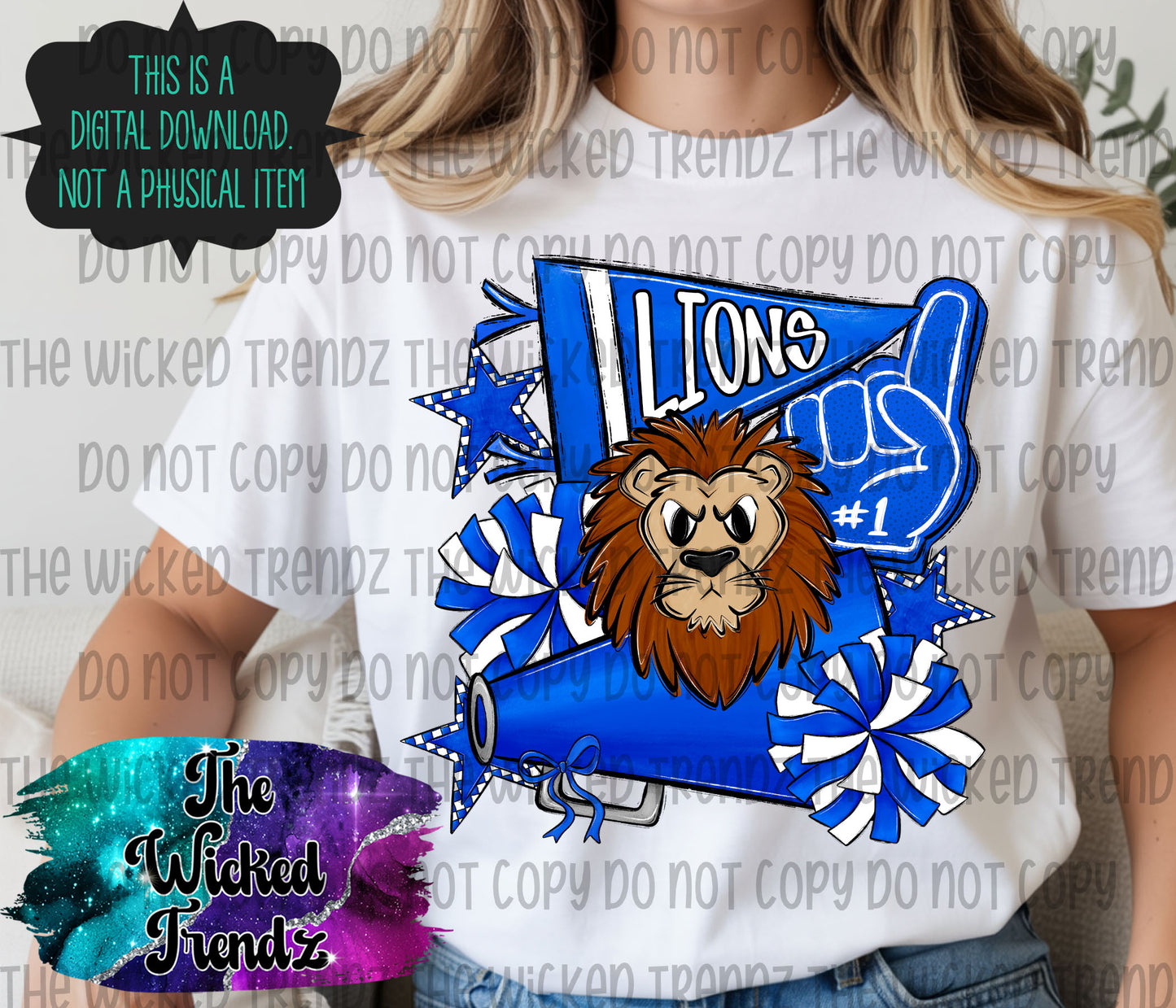 Lions Blue Cheer Cheerleading Cheerleader Mascot Digital Design Spirit Shirt Design