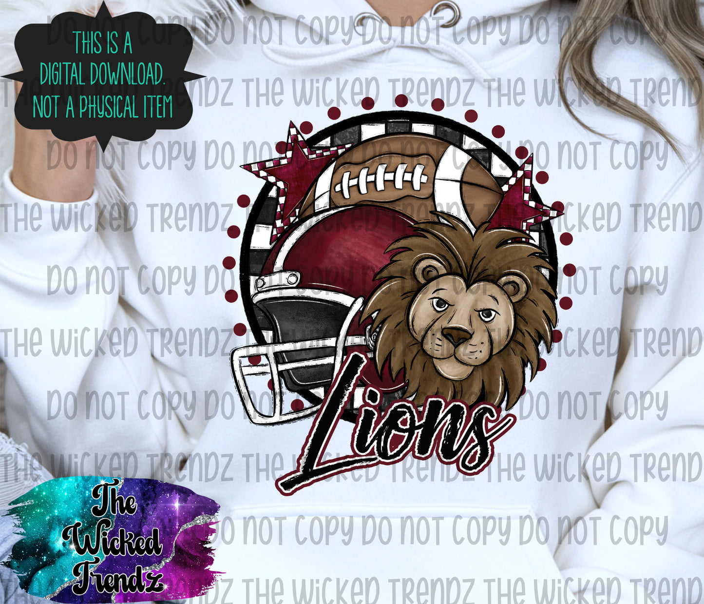 Lions Maroon Football Mascot Digital Design
